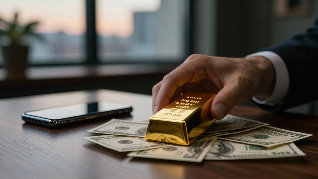 Mano de un inversor colocando un lingote de oro sobre un escritorio con billetes de dólar.
