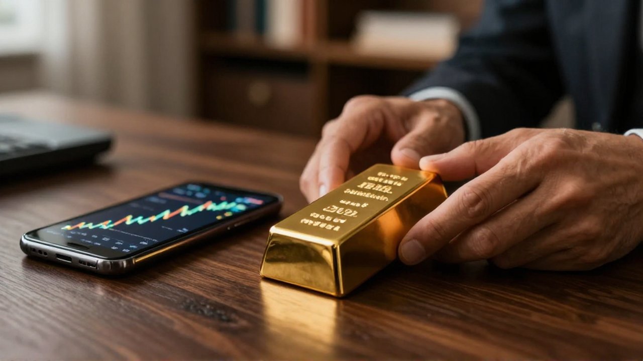 Manos examinando un lingote de oro sobre un escritorio junto a un smartphone con un gráfico financiero ascendente.