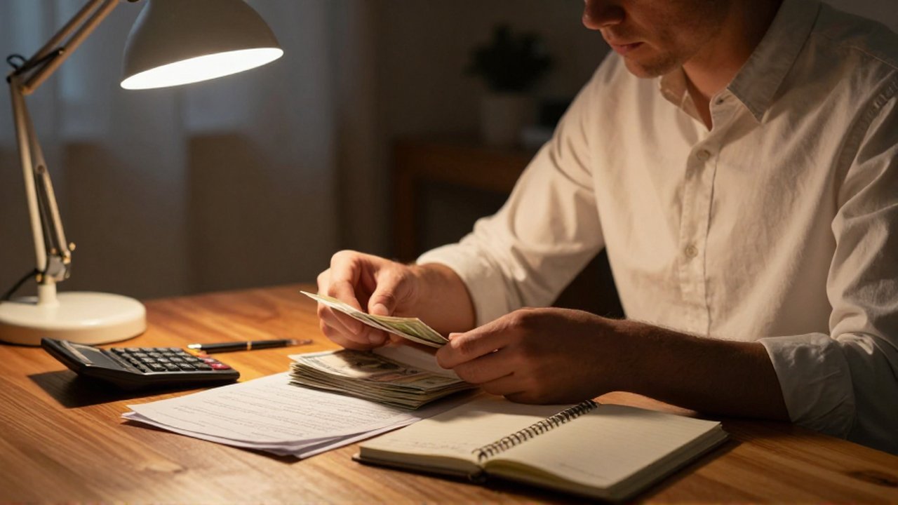 Persona organizando facturas y un cuaderno de cuentas sobre una mesa bajo una luz cálida.