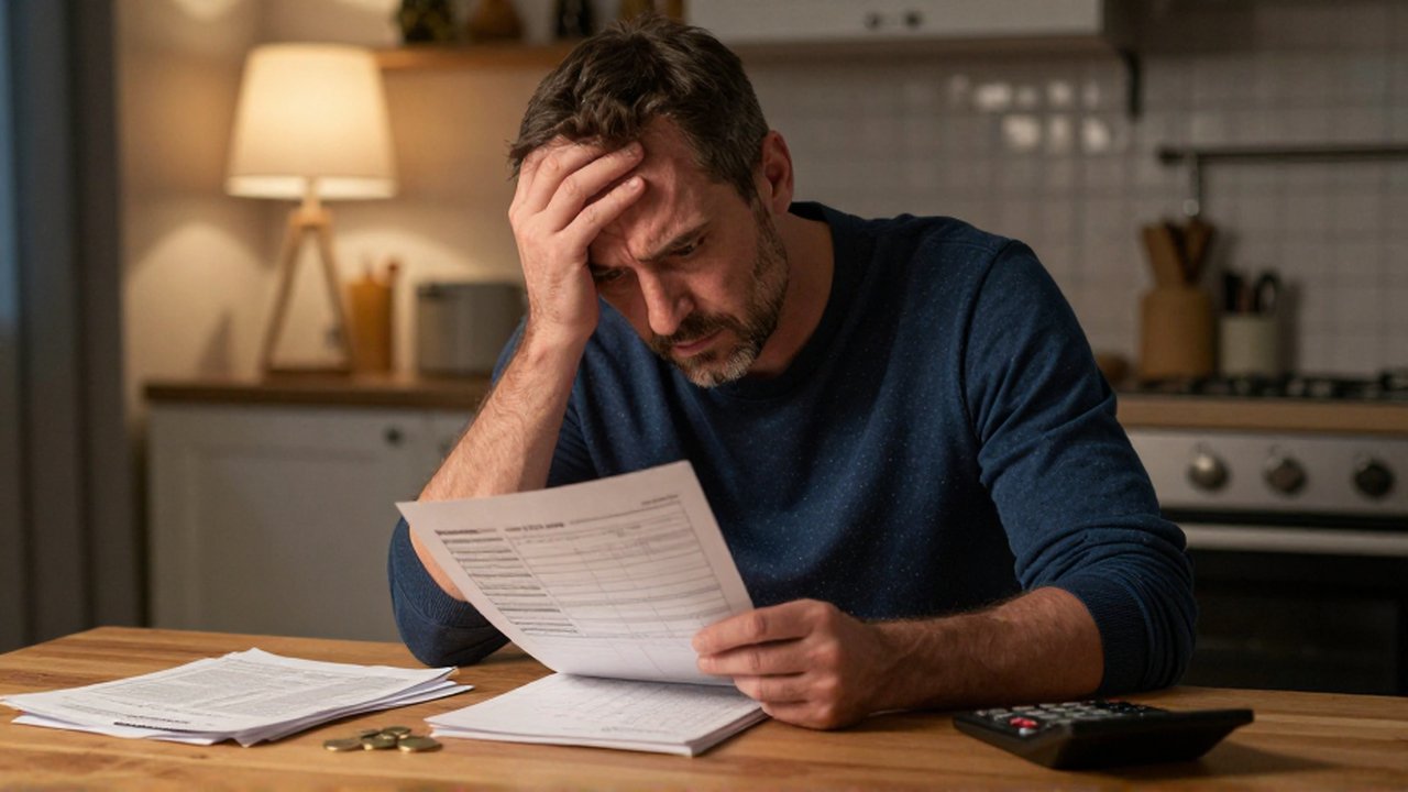 Hombre preocupado revisa con concentración facturas y una calculadora sobre la mesa de su cocina.