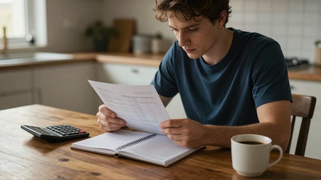 Persona concentrada revisando un presupuesto impreso y usando una calculadora en una mesa de madera.