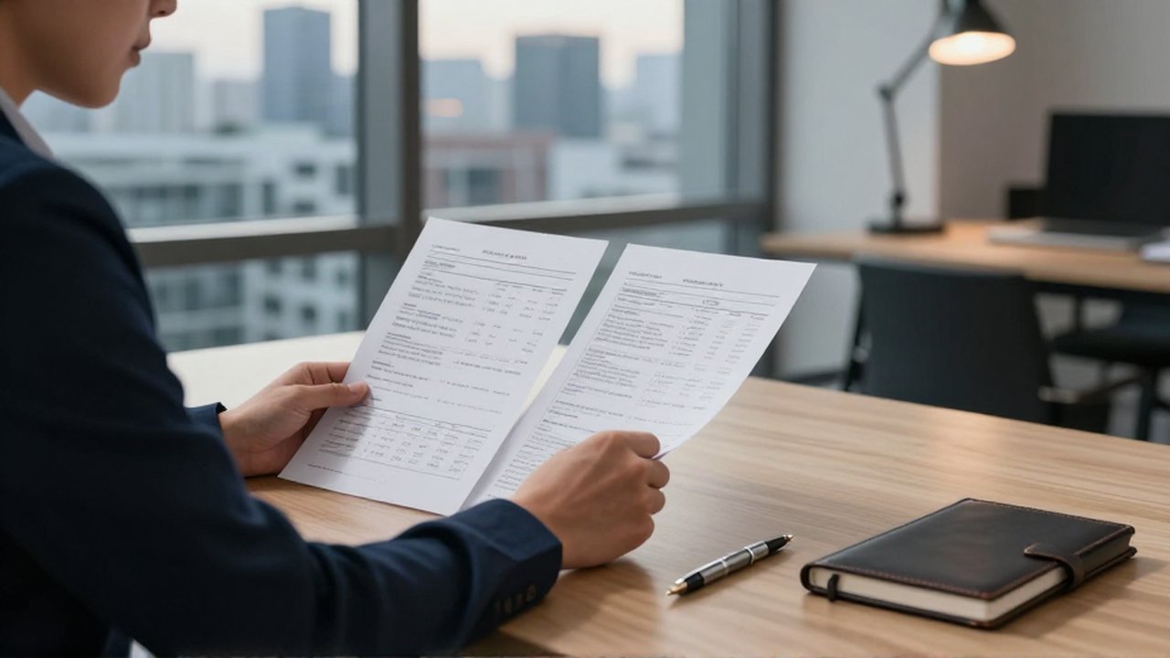Analista comparando dos balances financieros impresos sobre un escritorio de madera en una oficina moderna.