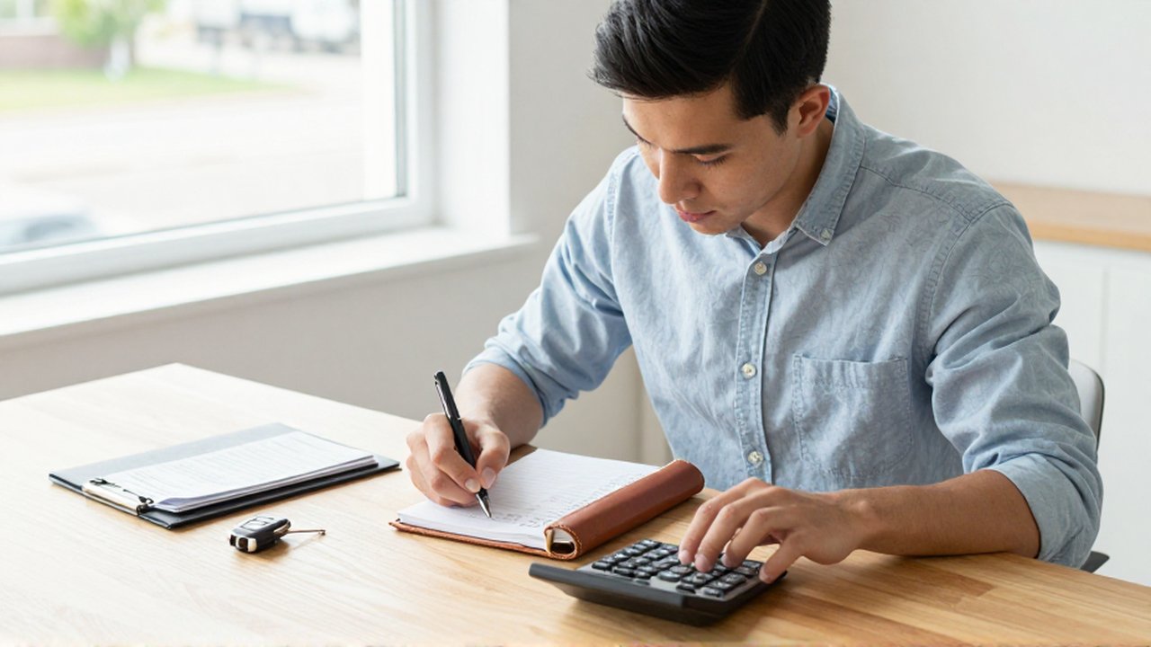 Hombre joven anotando gastos financieros en un cuaderno sobre un escritorio con llaves de coche y recibos.