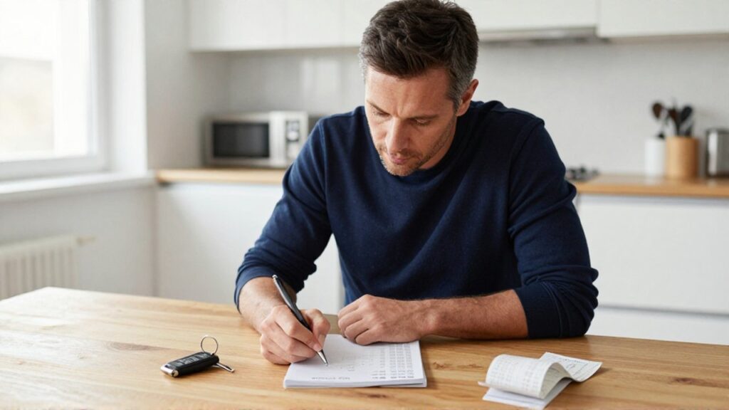 Hombre de mediana edad anotando gastos en un cuaderno junto a llaves de coche y recibos de combustible.
