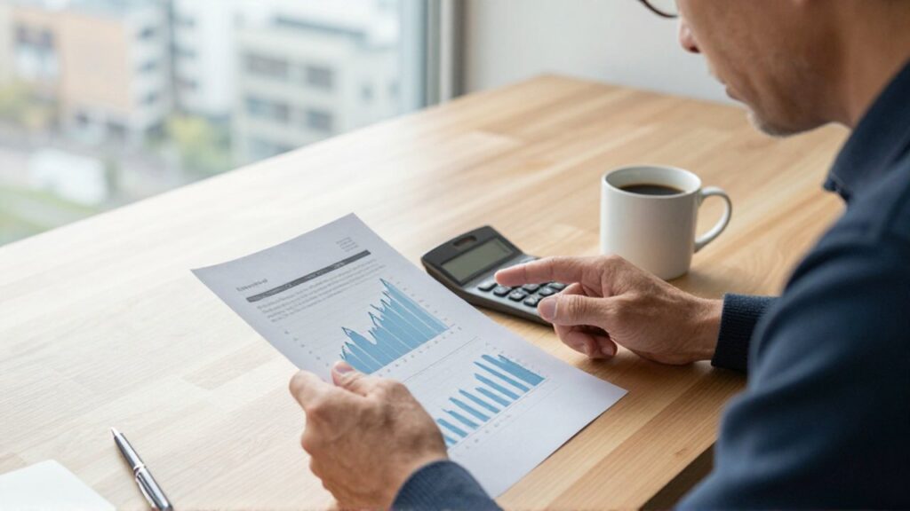 Persona de mediana edad analiza gráficos financieros en un reporte impreso junto a una calculadora.