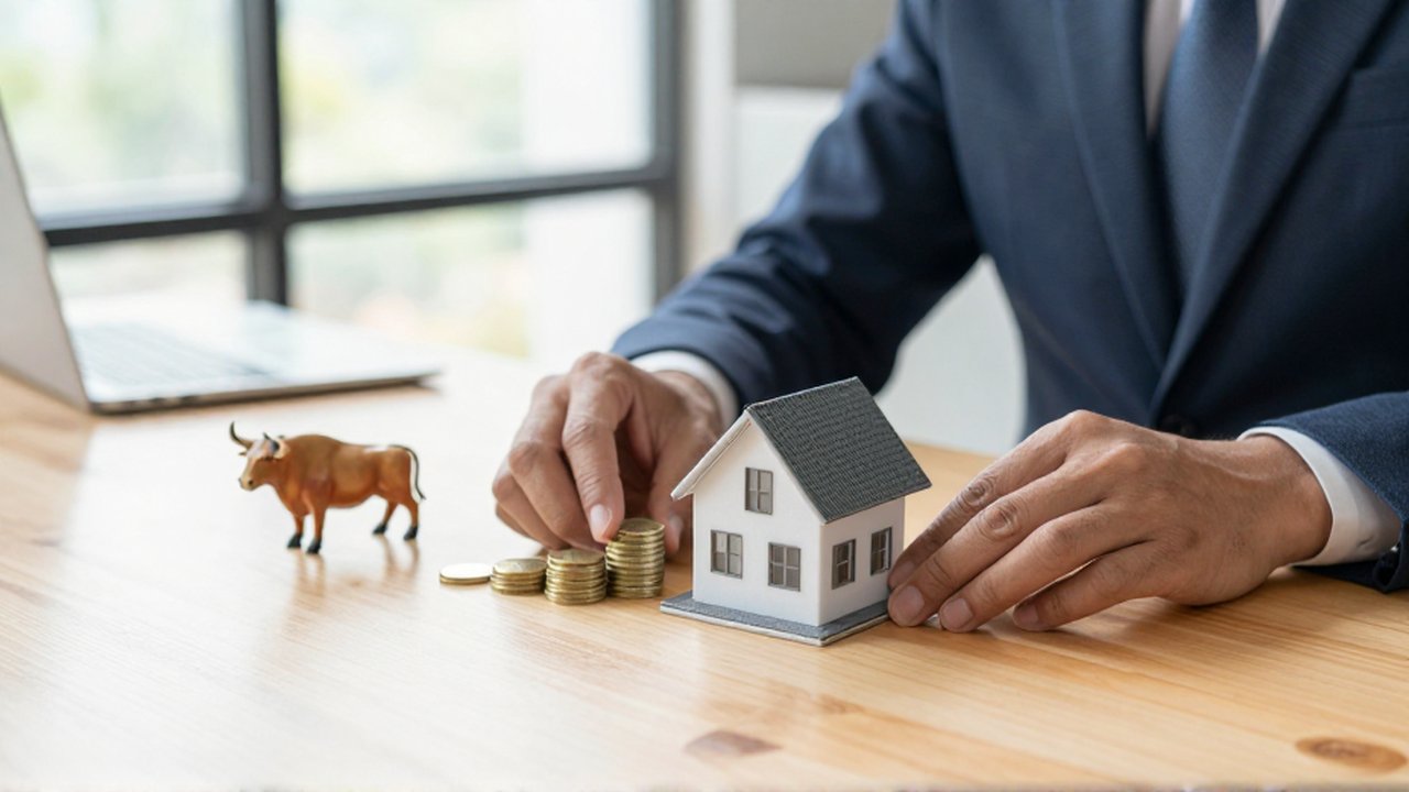 Manos organizando una casa miniatura, monedas de oro y un toro sobre un escritorio de madera.