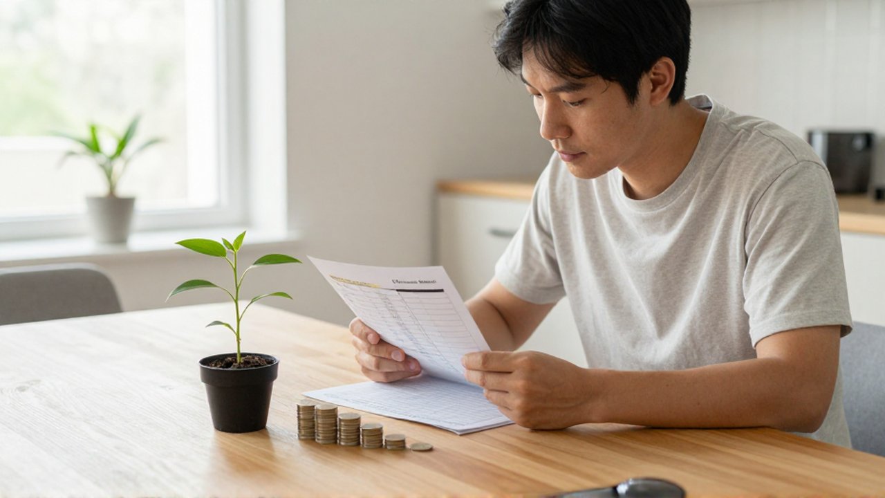 Persona concentrada analizando un planificador financiero junto a una pequeña planta y monedas en una mesa de madera.