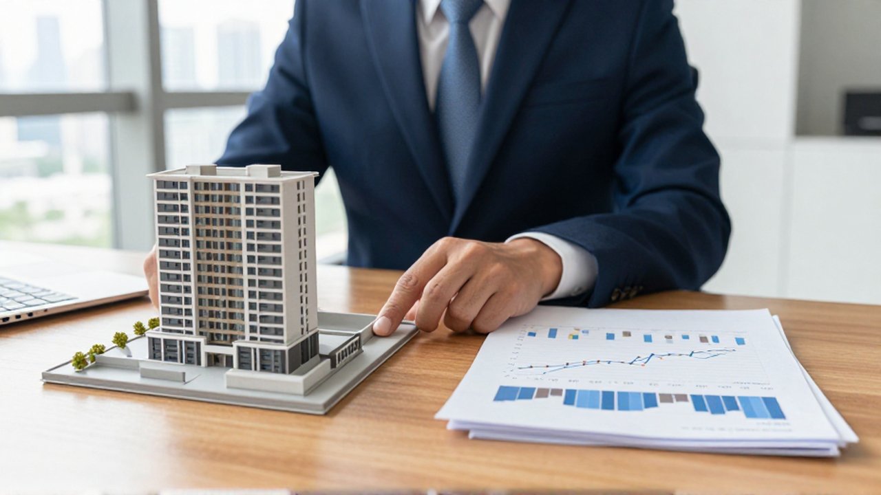 Primer plano de las manos de un inversor comparando una maqueta arquitectónica con gráficos financieros impresos.