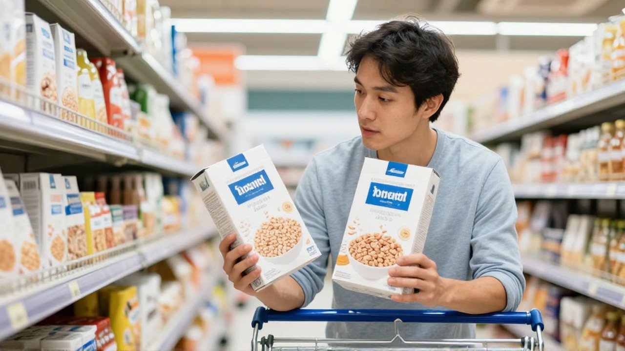Persona comparando detenidamente el precio y la nutrición de dos cajas de cereales en un supermercado.