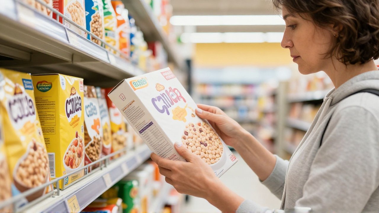 Persona comparando el precio por unidad de dos cajas de cereales en un supermercado moderno.
