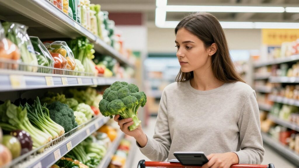 Mujer joven compara precios de vegetales orgánicos en el pasillo de un supermercado moderno.