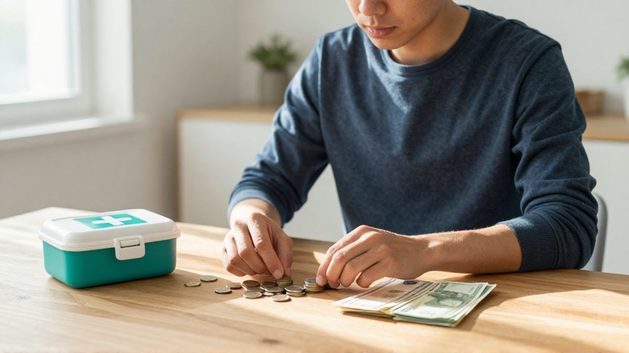 Un hombre organiza ahorros en monedas y billetes junto a un botiquín médico sobre una mesa de madera.