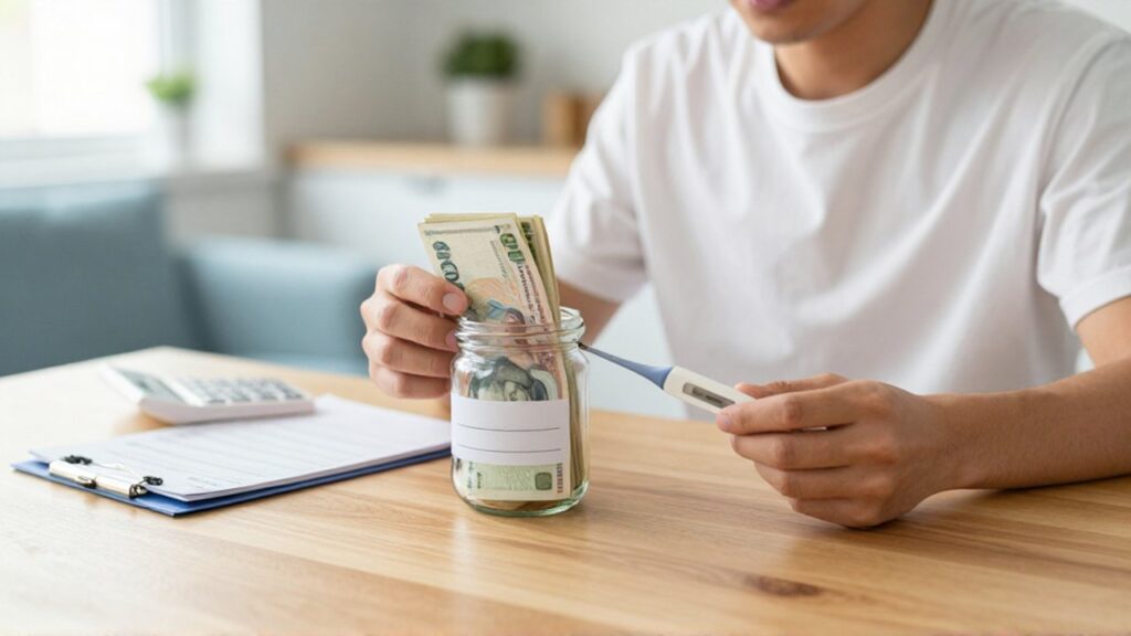 Persona organizando dinero y recetas médicas en un frasco sobre una mesa de madera.
