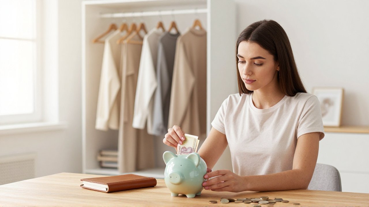 Mujer organizando un frasco de ahorros con monedas y billetes sobre un escritorio frente a un armario minimalista.