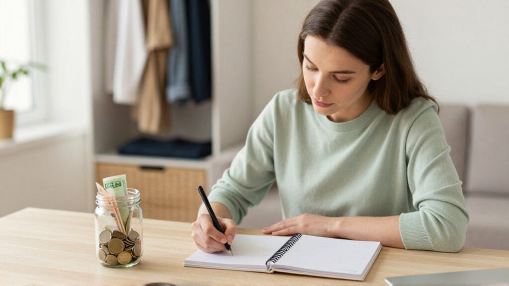 Mujer sentada en un escritorio luminoso escribiendo en un planificador junto a un frasco con ahorros.