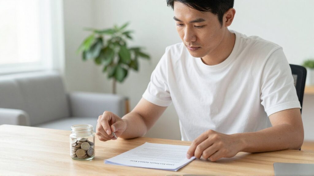 Un hombre reflexiona en su escritorio frente a un frasco con monedas y un documento de ahorro.