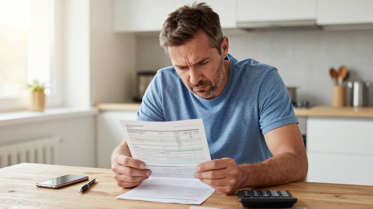 Hombre con gesto de preocupación revisa una factura y una calculadora en su escritorio doméstico.