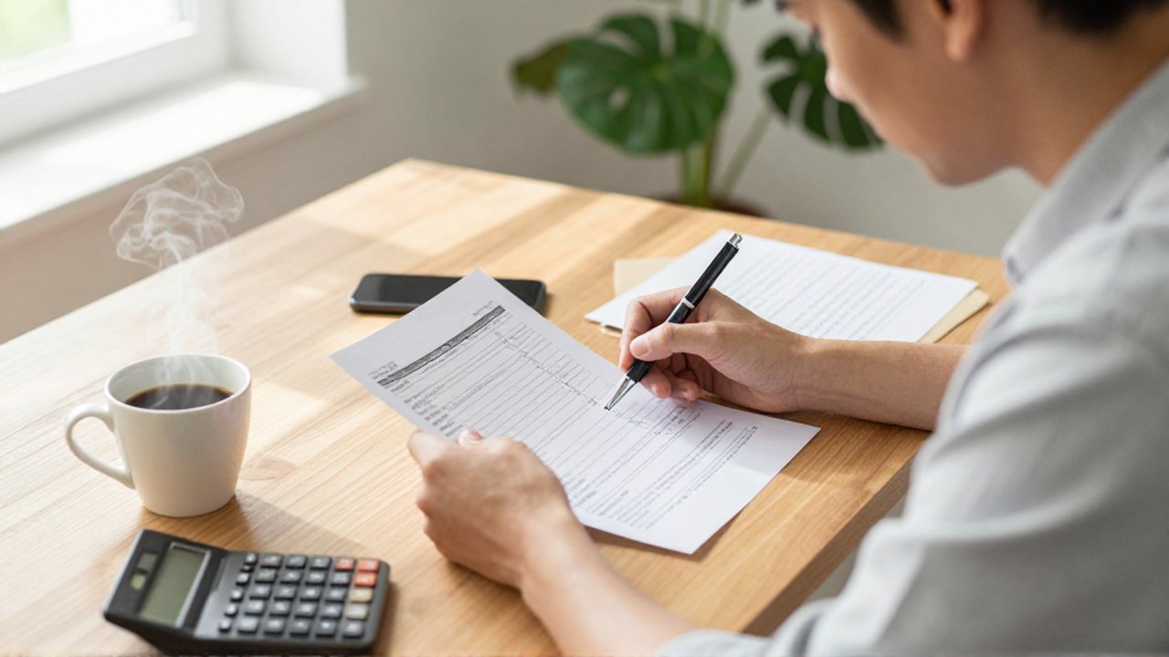 Persona concentrada revisando sus estados de cuenta y notas financieras en un escritorio iluminado.