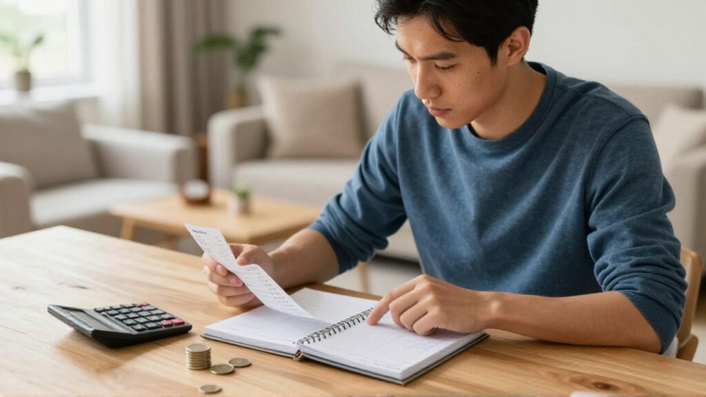 Joven comparando un recibo con un planificador sobre su escritorio para organizar sus finanzas.