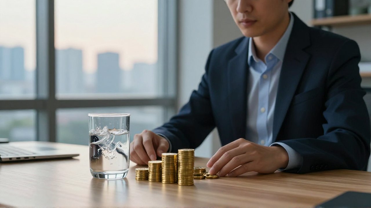 Inversor concentrado observando un recipiente con agua turbulenta y otro con monedas de oro en un escritorio.