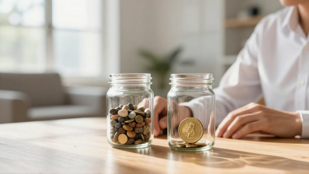 Inversor observa en su oficina dos frascos: uno con piedras agitadas y otro con una moneda de oro estable.