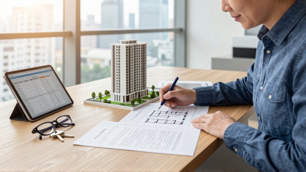 Inversionista analiza planos y contratos sobre un escritorio con una maqueta de edificio.