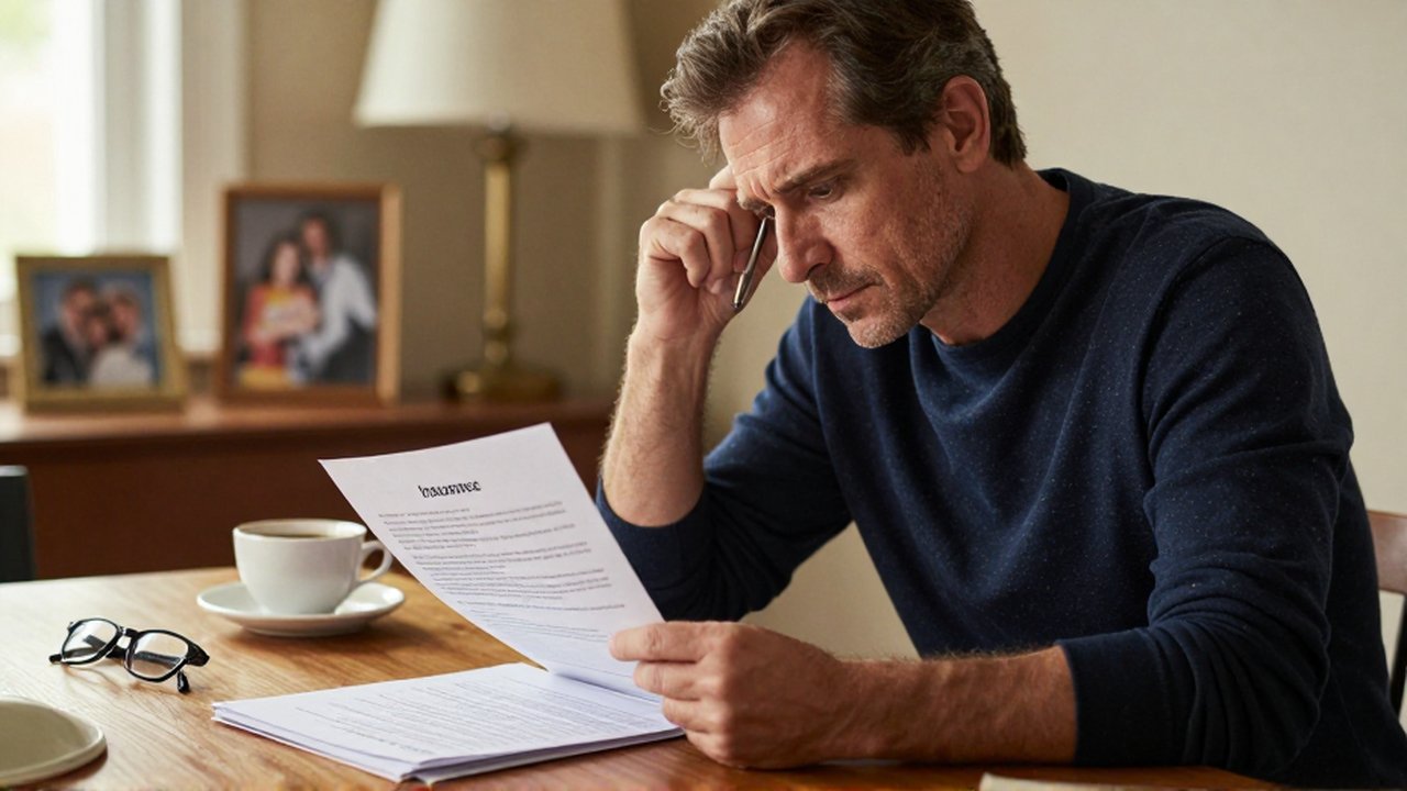 Hombre de mediana edad revisando con preocupación documentos de seguros en una mesa de comedor.