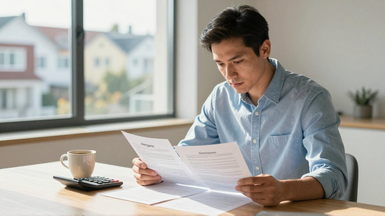 Hombre analizando comparativamente dos contratos de hipoteca sobre un escritorio en una oficina luminosa.