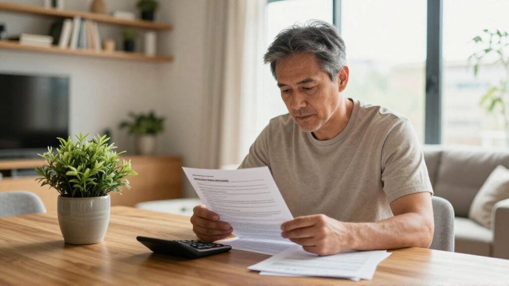 Hombre de mediana edad revisando con atención una póliza de seguros y una calculadora en un salón iluminado.