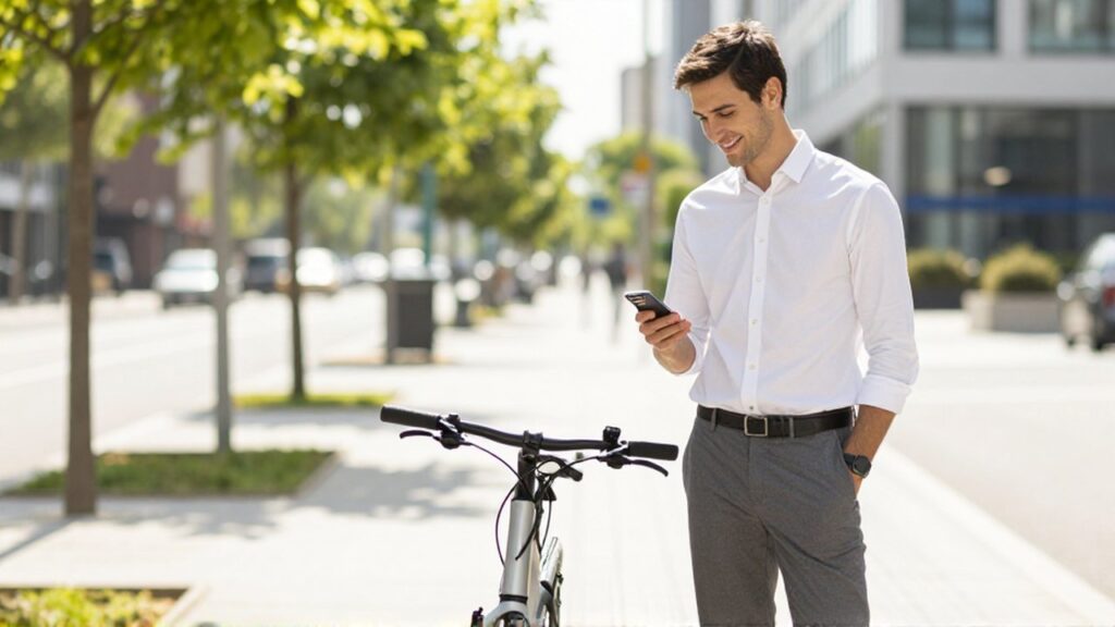 Un hombre sonriente consulta una aplicación en su móvil junto a su bicicleta urbana en una calle soleada.