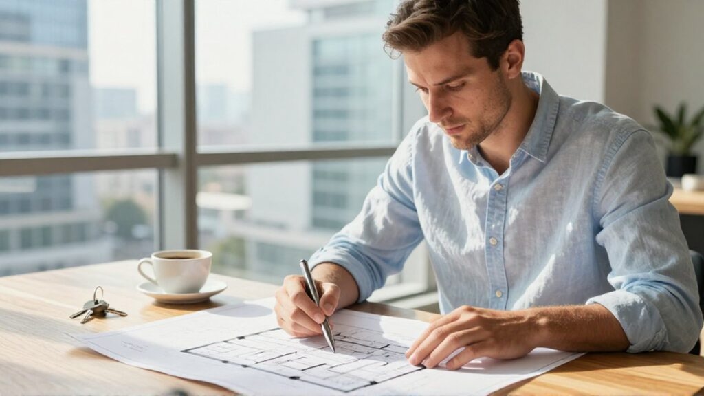 Un hombre analiza un plano arquitectónico sobre una mesa de madera en un apartamento iluminado con vistas urbanas.