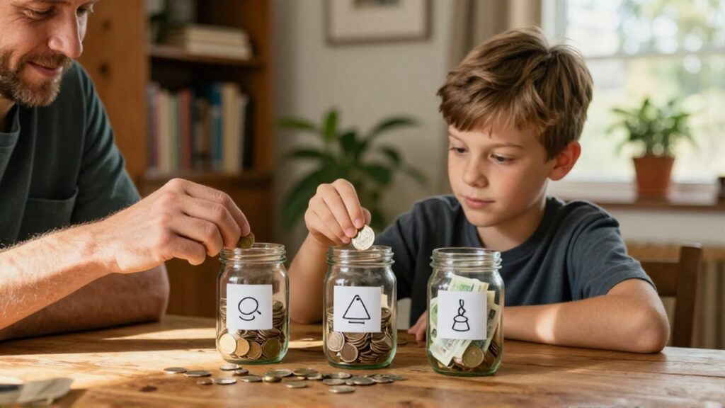 Un adolescente y su padre clasifican monedas y billetes en tres frascos de vidrio etiquetados.