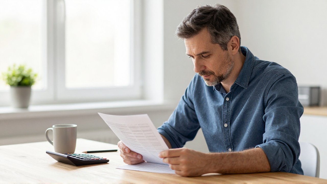 Hombre concentrado analizando un estado financiero con una calculadora sobre un escritorio en una oficina luminosa.