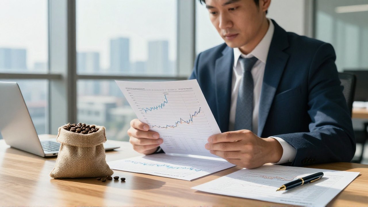 Analista financiero examina gráficos de mercado y una muestra de granos de café en una oficina luminosa.