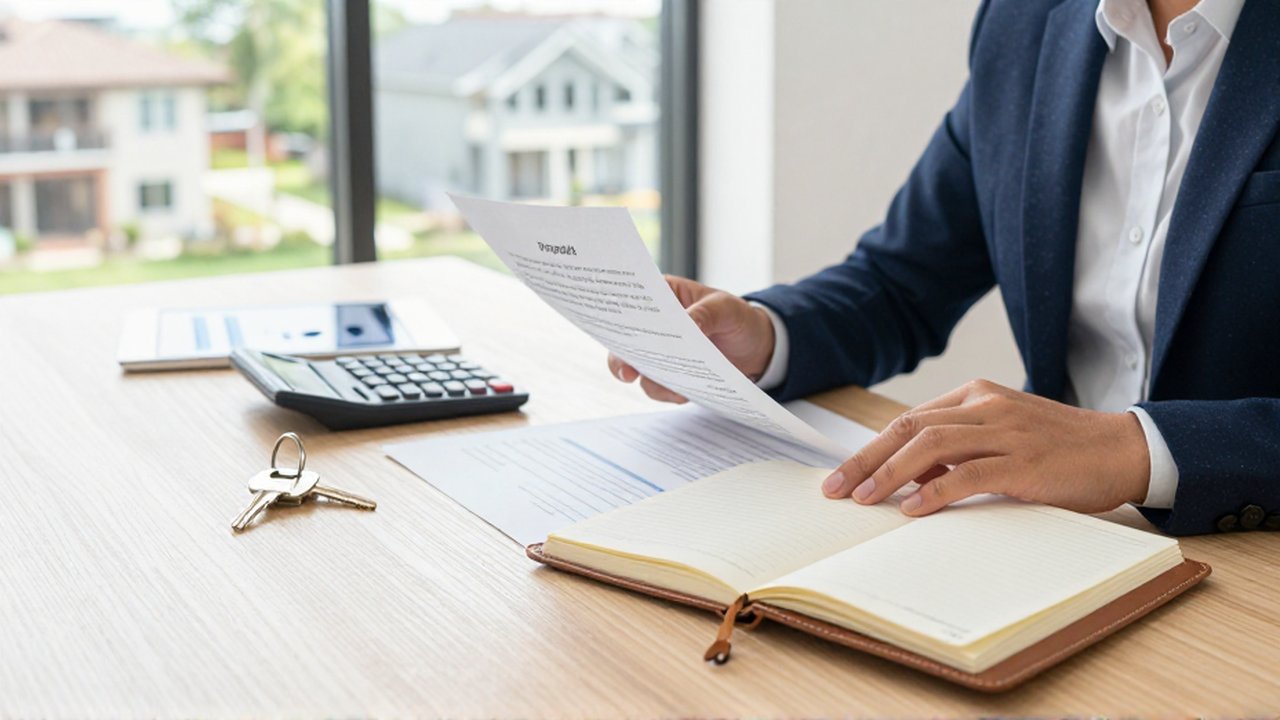 Inversor revisa un contrato inmobiliario sobre un escritorio de madera en una oficina luminosa.
