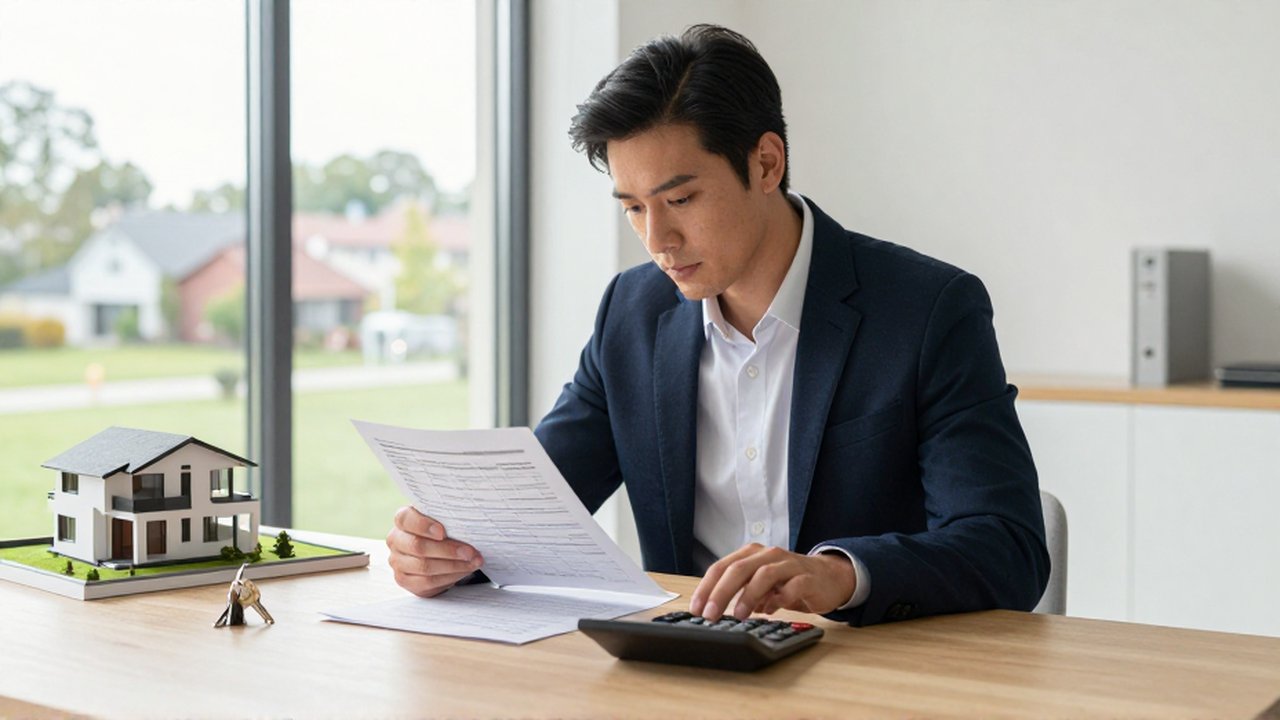 Inversor inmobiliario analizando un informe de valoración y una calculadora en un escritorio iluminado.