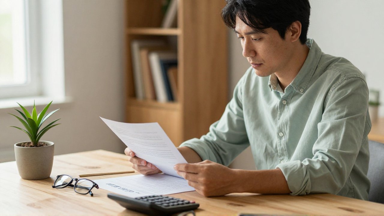 Inversionista analizando un informe financiero en su escritorio junto a una pequeña planta.