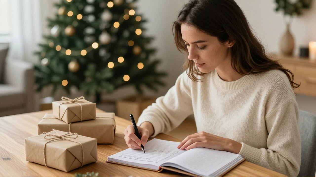 Mujer organizada revisando un presupuesto junto a regalos envueltos en una sala decorada para Navidad.
