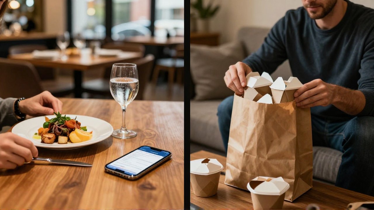 Pantalla dividida que muestra a una persona cenando en un restaurante elegante frente a otra comiendo comida para llevar en casa.
