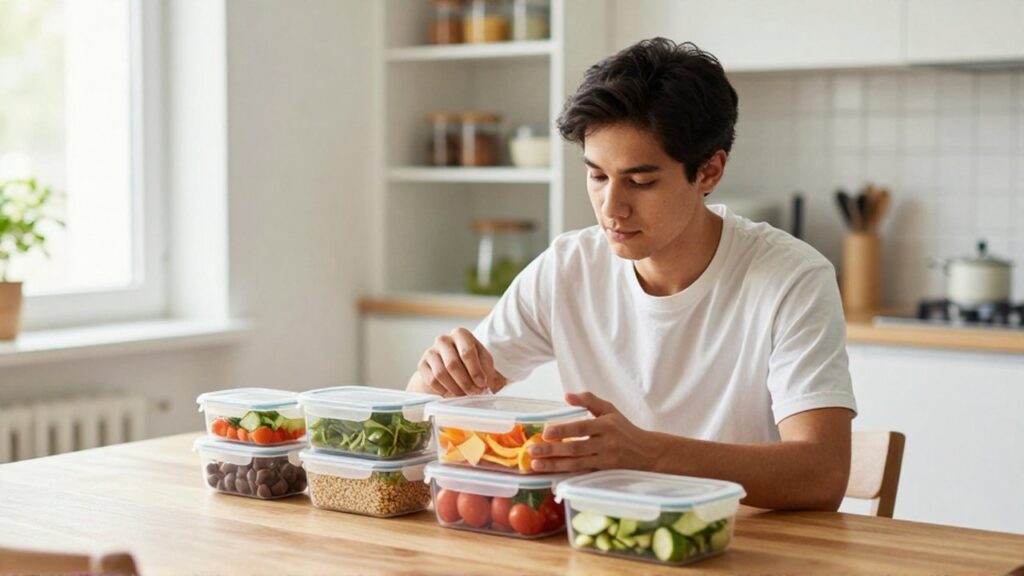 Joven organizando recipientes con comida saludable sobre una mesa de madera en una cocina luminosa.