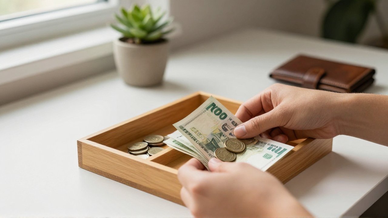 Manos colocando billetes y monedas en un organizador de madera sobre un escritorio ordenado.