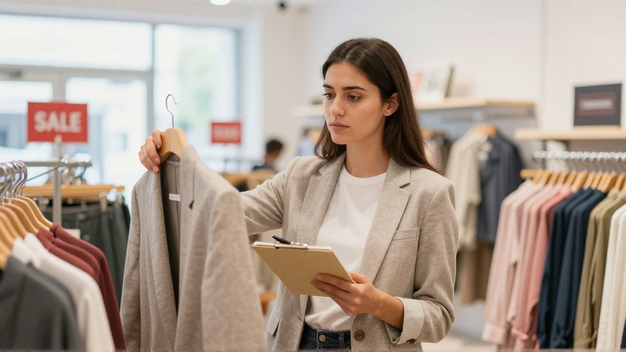 Mujer joven analiza una chaqueta frente a un espejo en una boutique mientras toma notas.