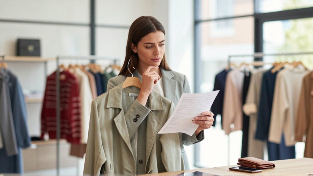 Mujer pensativa en una tienda de ropa moderna que consulta una lista de compras mientras sostiene una chaqueta.