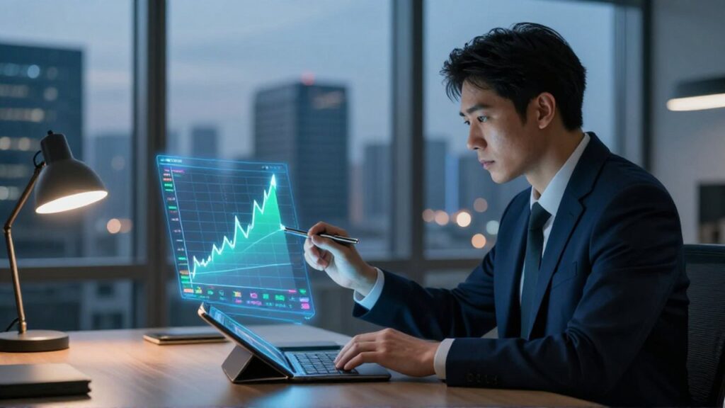 Analista financiero observa con concentración un gráfico holográfico de fluctuaciones de divisas en un moderno despacho.