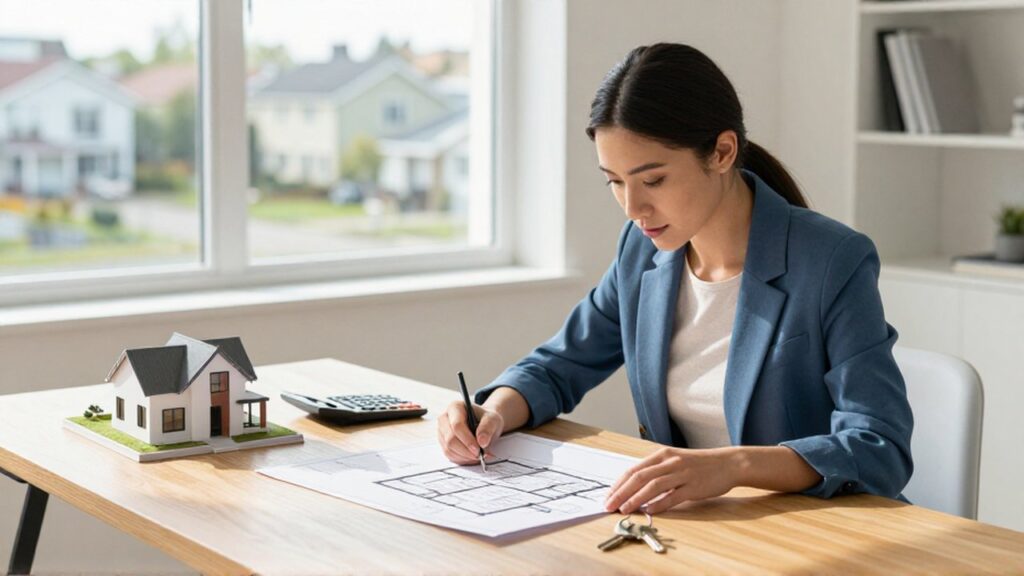Mujer profesional analiza un plano arquitectónico y llaves sobre un escritorio en una oficina luminosa.