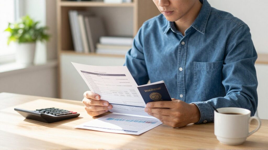 Joven profesional revisa con atención un informe financiero y una libreta de ahorros en su oficina.