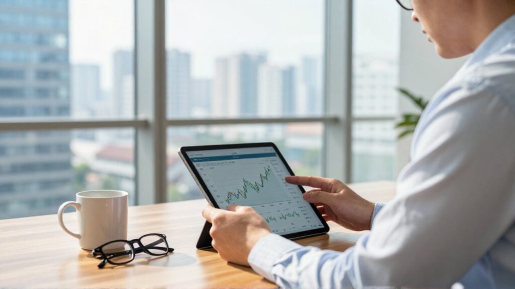 Inversionista analiza gráficos financieros ascendentes en una tableta dentro de una oficina moderna y luminosa.