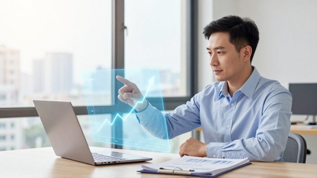 Asesor financiero señalando un gráfico holográfico ascendente en una oficina luminosa y moderna.