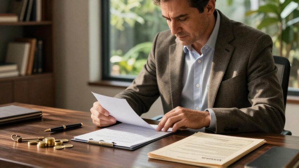 Hombre profesional revisa documentos legales y escrituras sobre un escritorio con monedas y una llave.