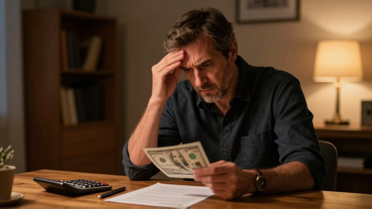 Hombre estresado revisando una factura y una calculadora en una mesa de madera iluminada tenuemente.